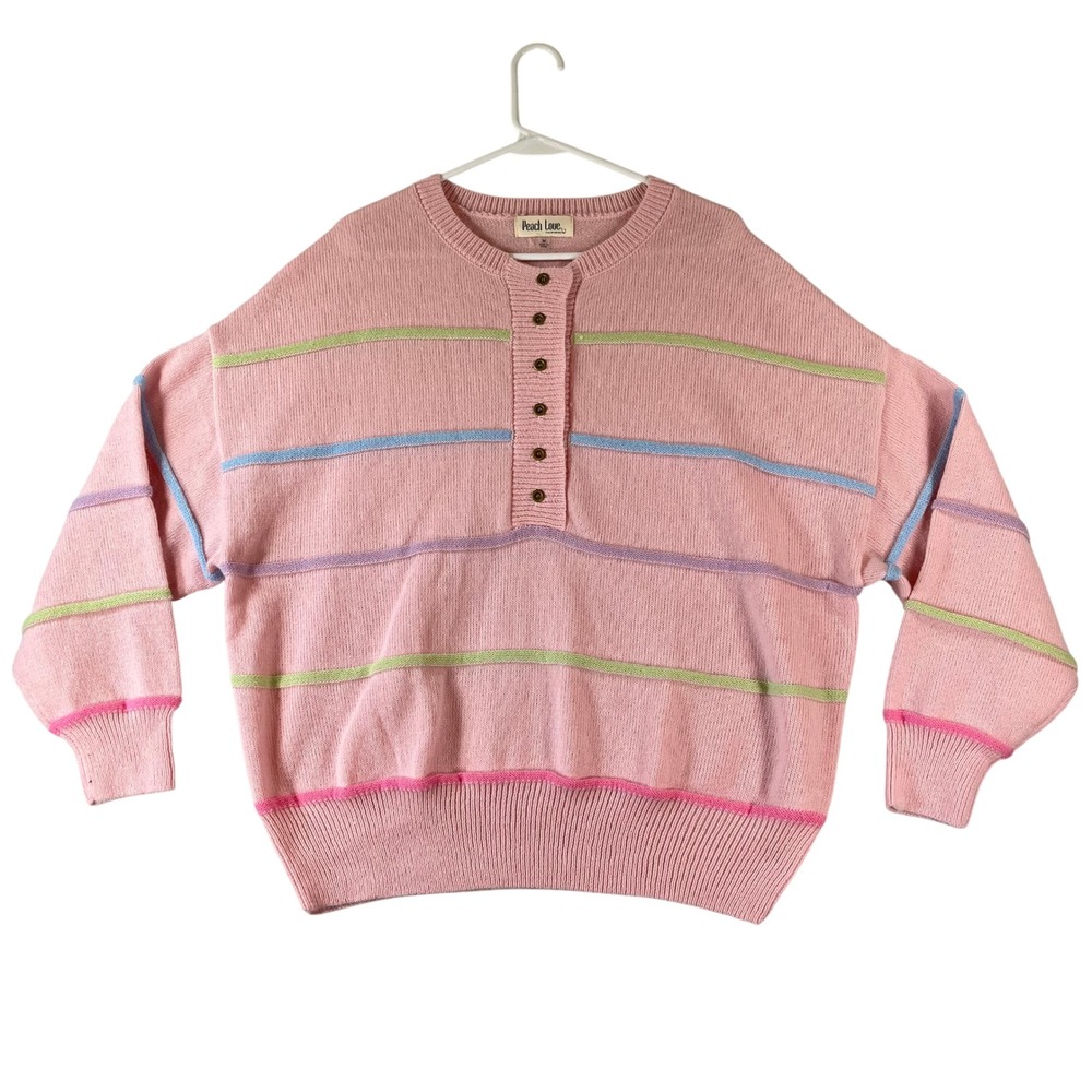 Peach Love California Sweater Women M Pink Striped Henley Knit Soft Oversized